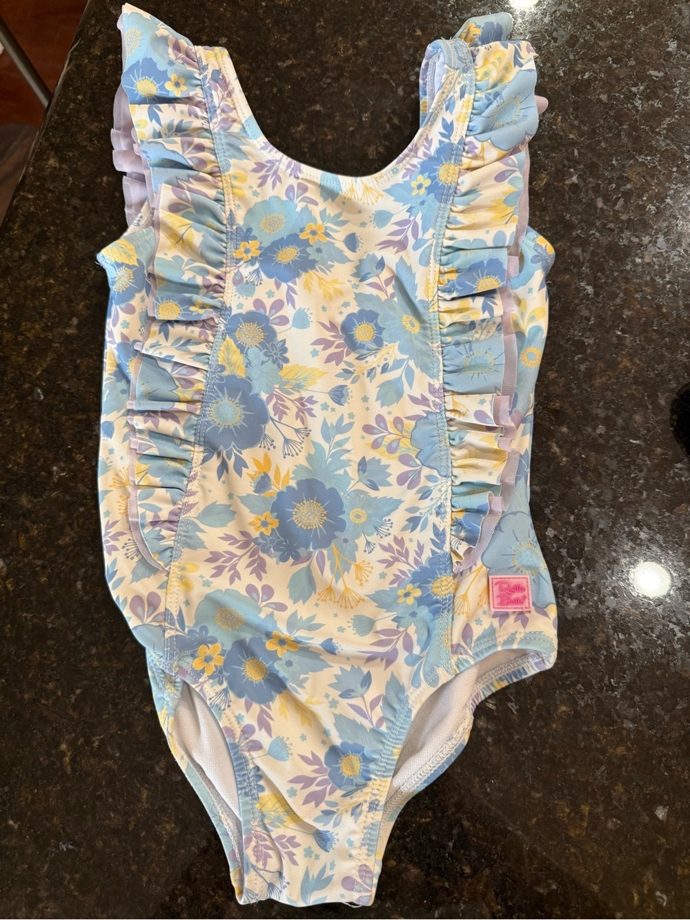 RuffleButts One Piece Swim blue floral size 5